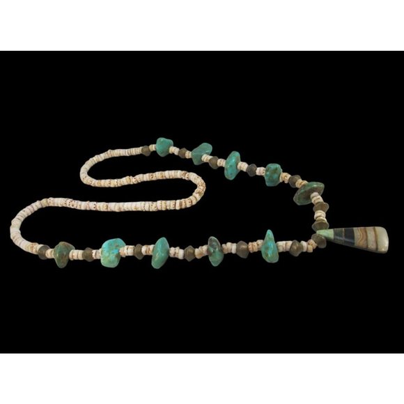 Southwestern Turquoise Nugget Brass Shell Pendant Necklace - Picture 3 of 16